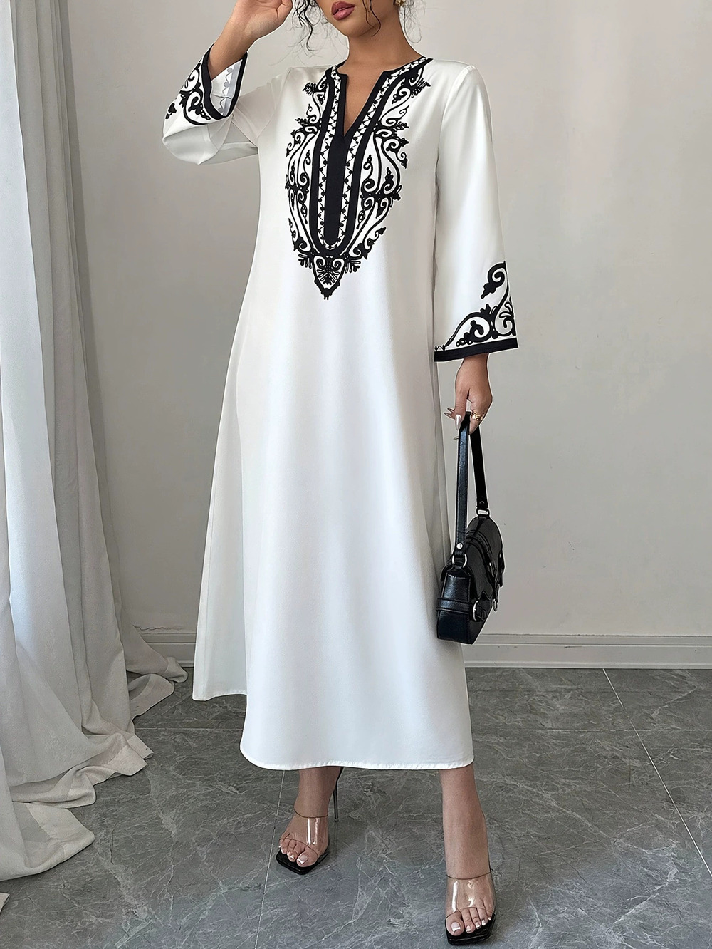 ZARA Women Fashion Collar Long Sleeve Embroidered Tassel Black Maxi Dress